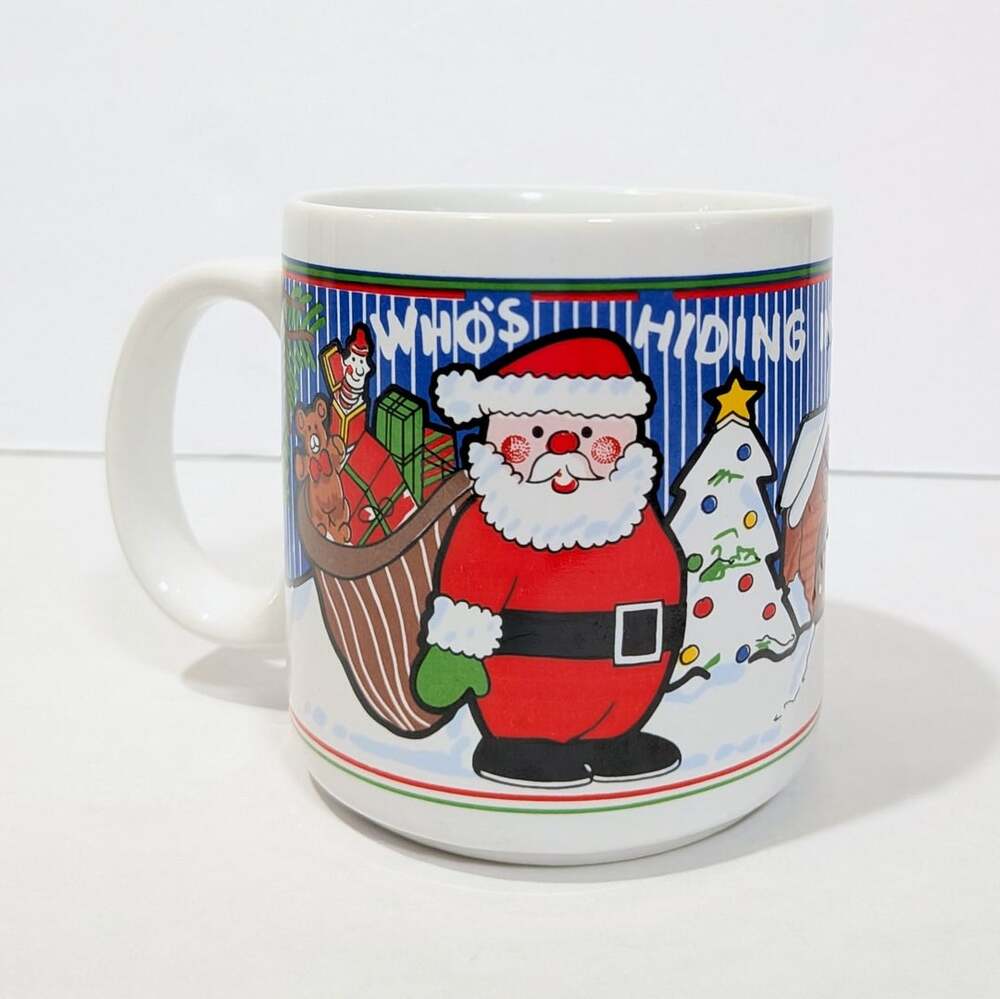 Vintage Mug Christmas Santa Snowman Reindeer Cabin Who's Hiding Inside Cute